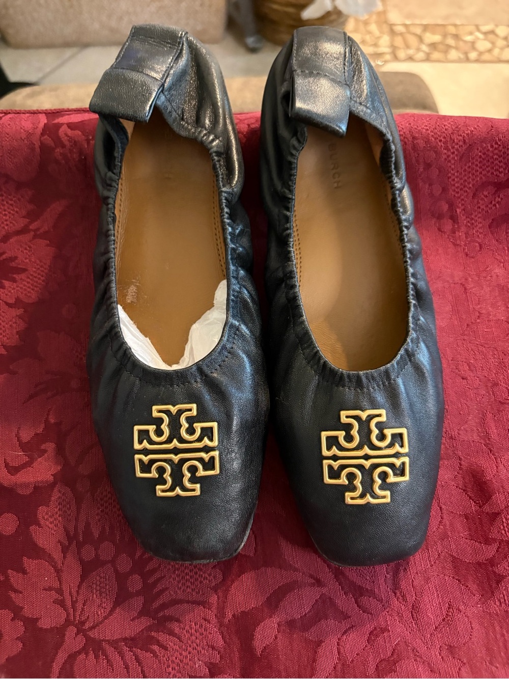 Tory Burch  “BRITTEN” Black Leather Ballet Flats with Gold Logo Emblem